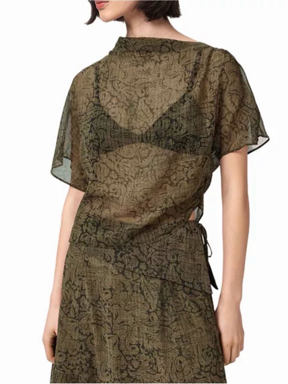 All Saints Olive Sheer Paisley Crop Top